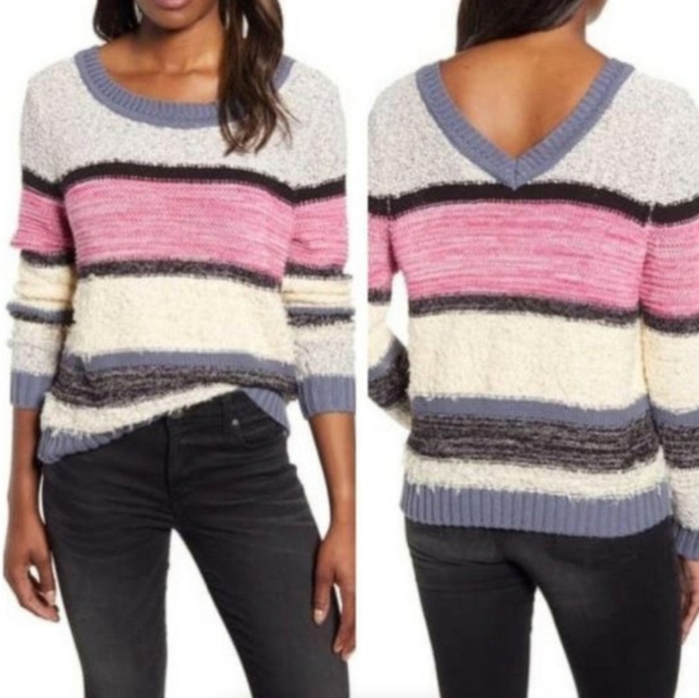 Caslon V-Back Stripe Sweater Ivory Pink NWT SZ M
